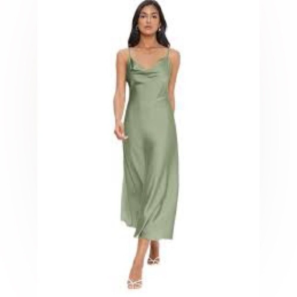 NWT Floerns Spaghetti Strap Cowl Neck Long Slip Satin Silk Midi Dress MINT GREEN